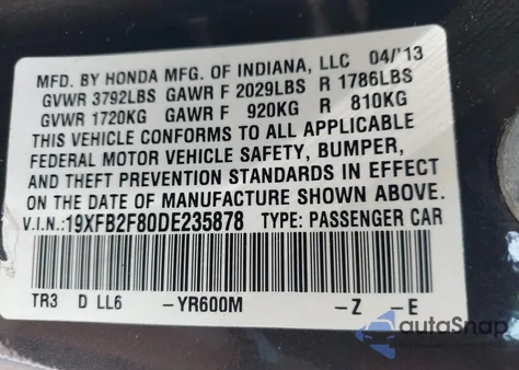 2013 Honda Civic Ex z USA, uszkodzony, nr VIN 19XFB2F80DE235878